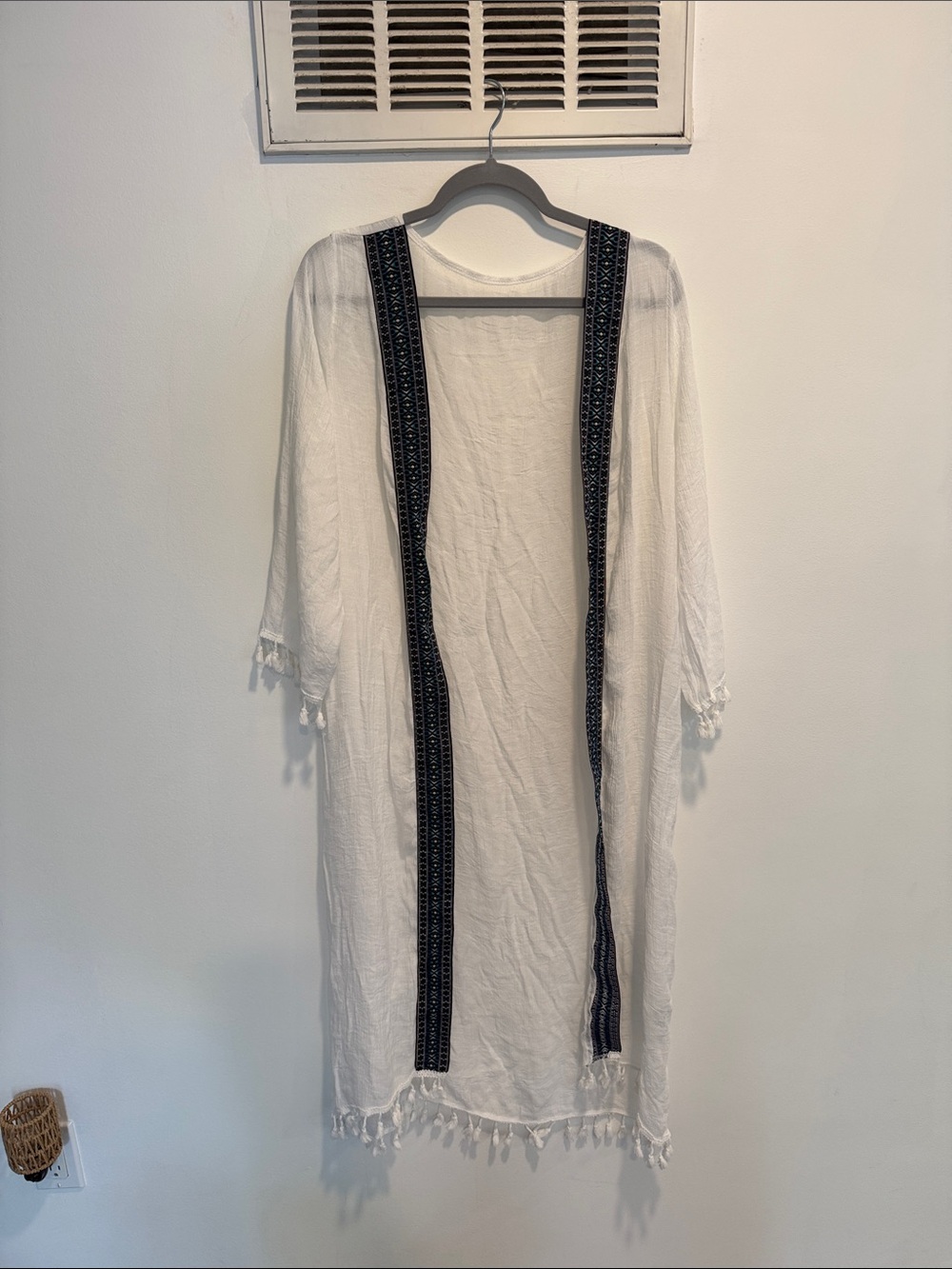 White Boho Tassel Kimono with Black Embroidered Trim